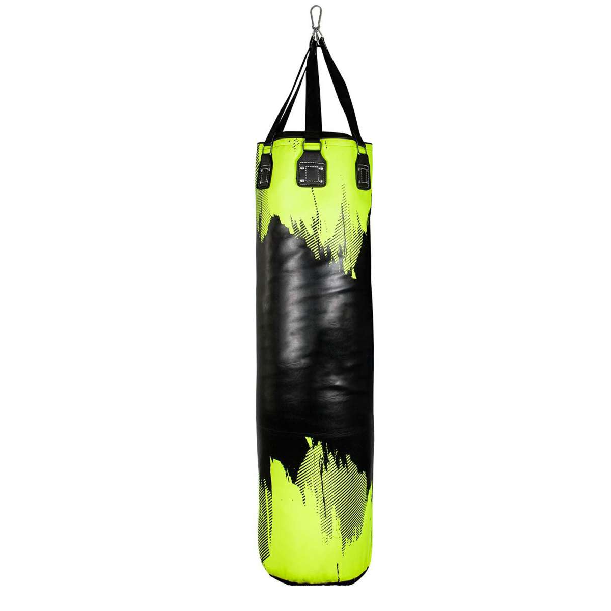 Black Hanging Heavy Bag with Neon Yellow Distressed Graphics and Webbing Suspension Straps